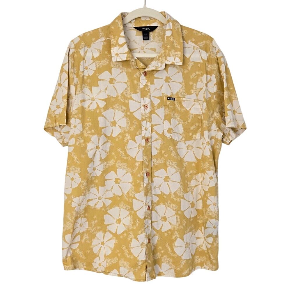 RVCA Mustard Yellow White Floral Short Sleeve Button‑Down Aloha Camp Shirt XL